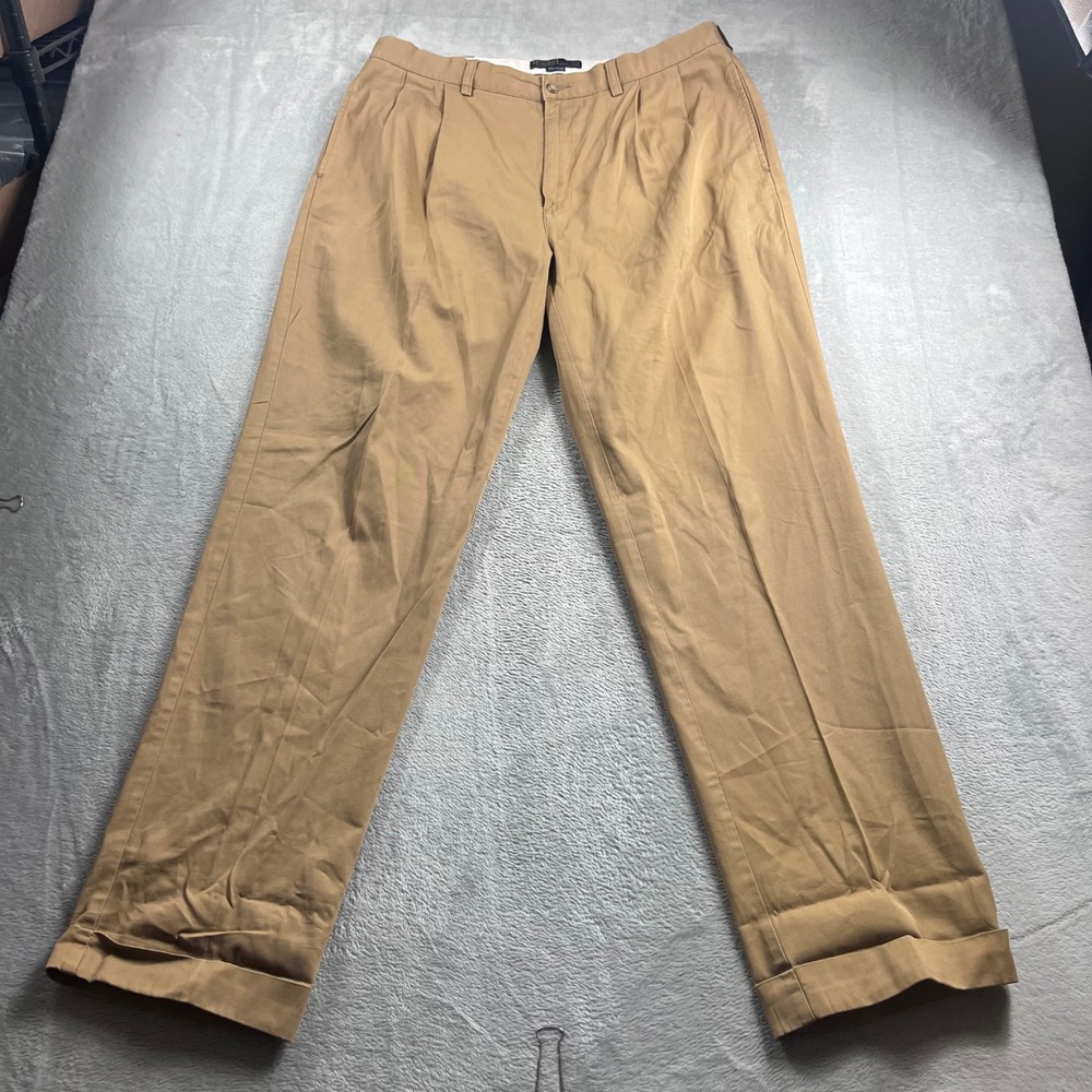 Polo Ralph Lauren Hammond Pant Mens 36x34 Tan Khaki Pleated Cuffed Chino Cotton